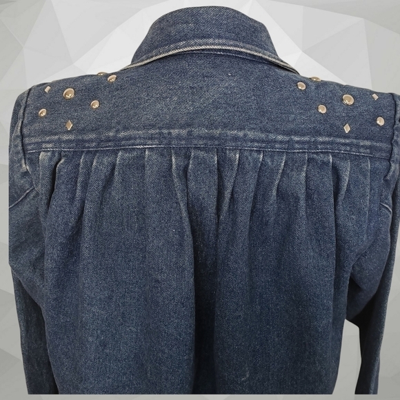 VINTAGE 80s Studded Denim Duster Jacket M Padded Shoulders Oversized EUC - Picture 7 of 11